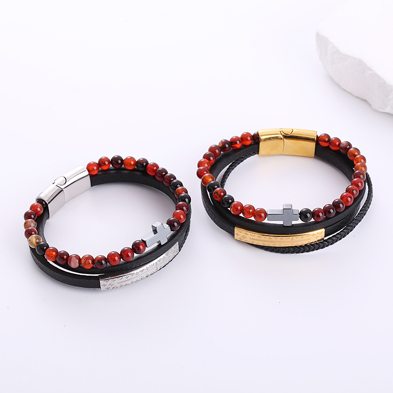 1 Piece Hip-hop Cross Stainless Steel Pu Leather Beaded Natural Stone Men's Bracelets display picture 2