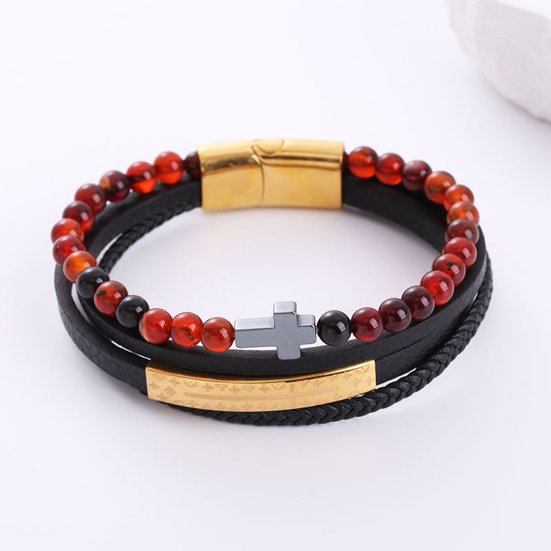 1 Piece Hip-hop Cross Stainless Steel Pu Leather Beaded Natural Stone Men's Bracelets display picture 4