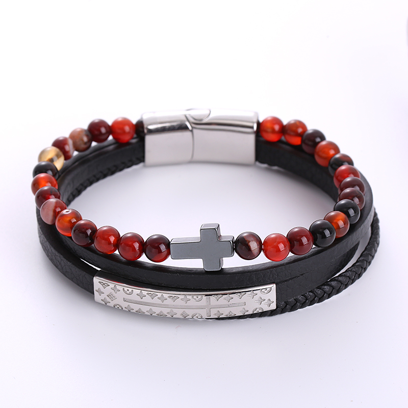 1 Piece Hip-hop Cross Stainless Steel Pu Leather Beaded Natural Stone Men's Bracelets display picture 3