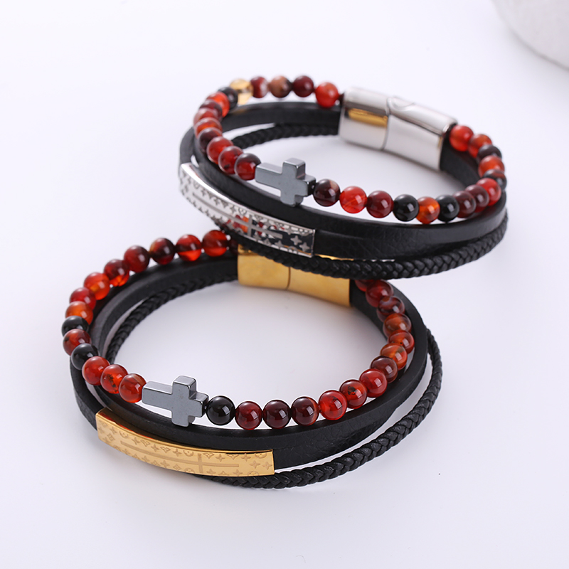 1 Piece Hip-hop Cross Stainless Steel Pu Leather Beaded Natural Stone Men's Bracelets display picture 5