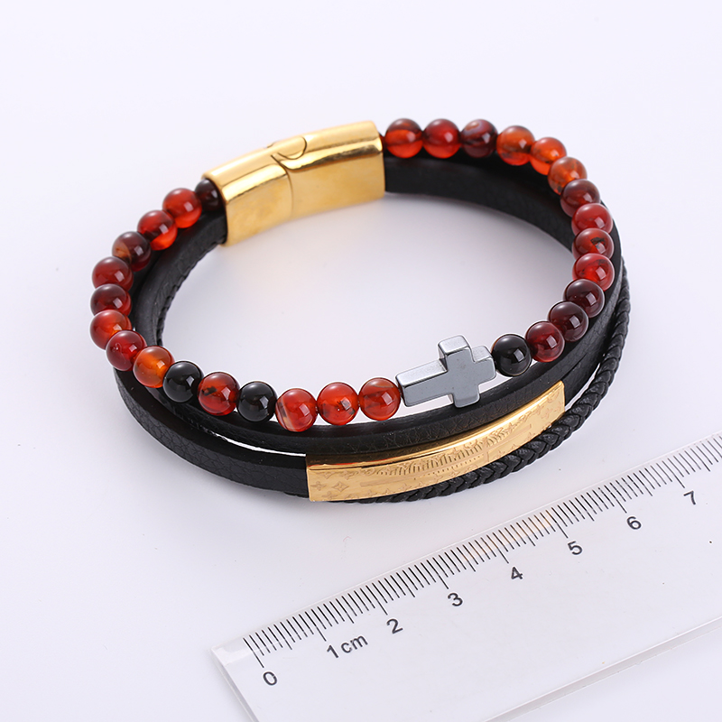 1 Piece Hip-hop Cross Stainless Steel Pu Leather Beaded Natural Stone Men's Bracelets display picture 6