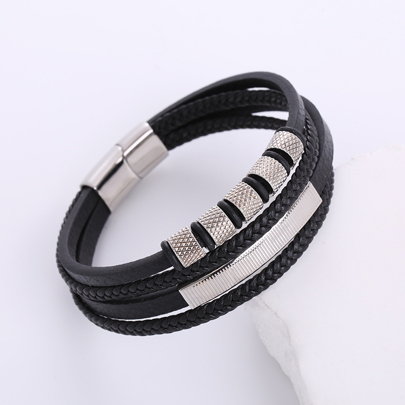 Hip-hop Geometric Stainless Steel Pu Leather Braid Men's Bracelets display picture 1