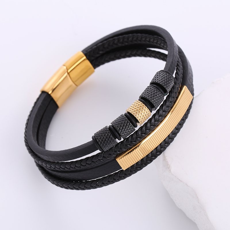 Hip-hop Geometric Stainless Steel Pu Leather Braid Men's Bracelets display picture 4
