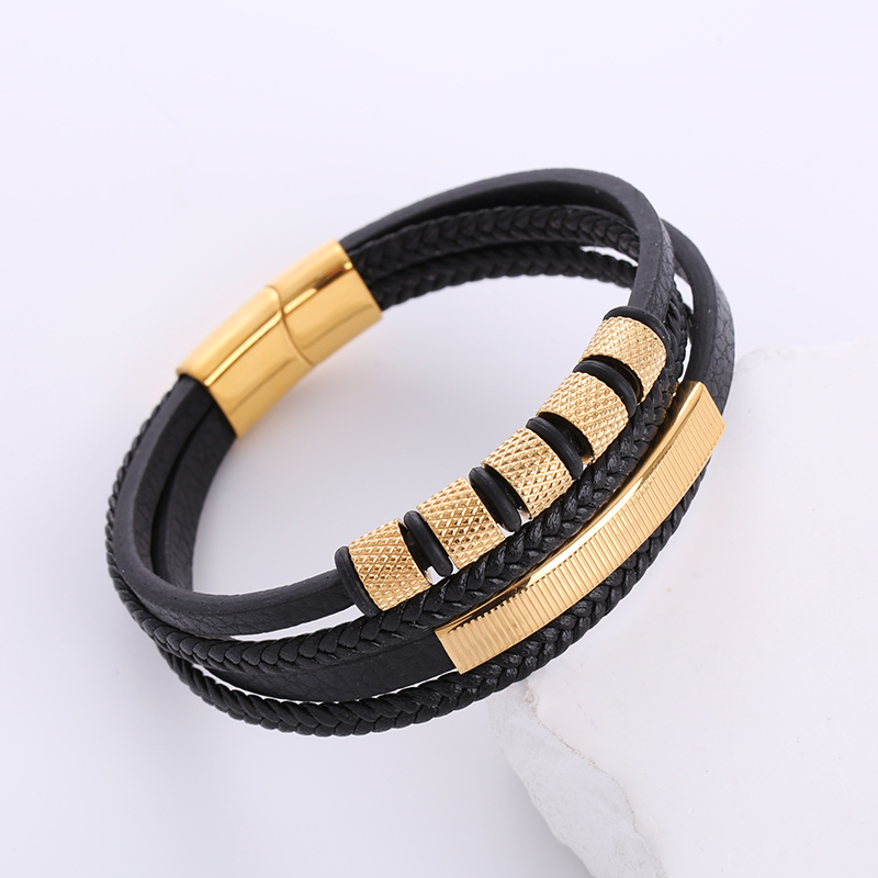 Hip-hop Geometric Stainless Steel Pu Leather Braid Men's Bracelets display picture 2