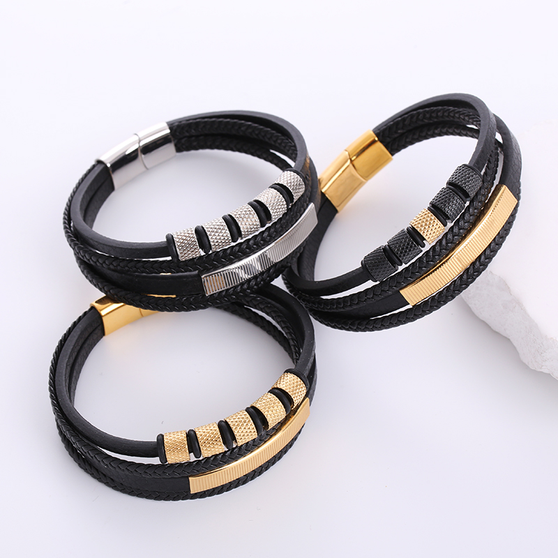 Hip-hop Geometric Stainless Steel Pu Leather Braid Men's Bracelets display picture 5