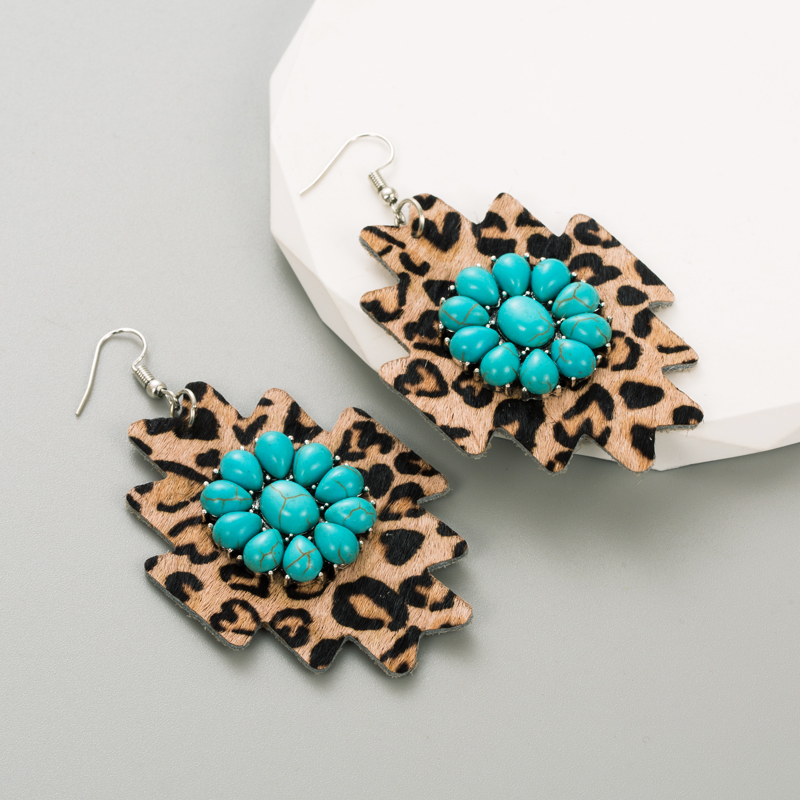 1 Pair Elegant Leopard Plating Inlay Pu Leather Alloy Turquoise Silver Plated Ear Hook display picture 3