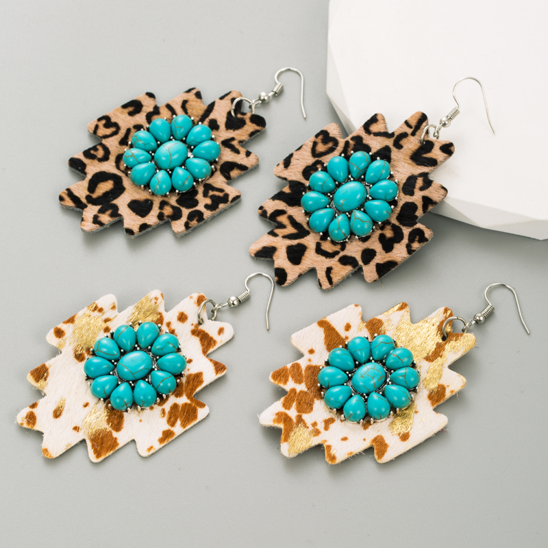 1 Pair Elegant Leopard Plating Inlay Pu Leather Alloy Turquoise Silver Plated Ear Hook display picture 2