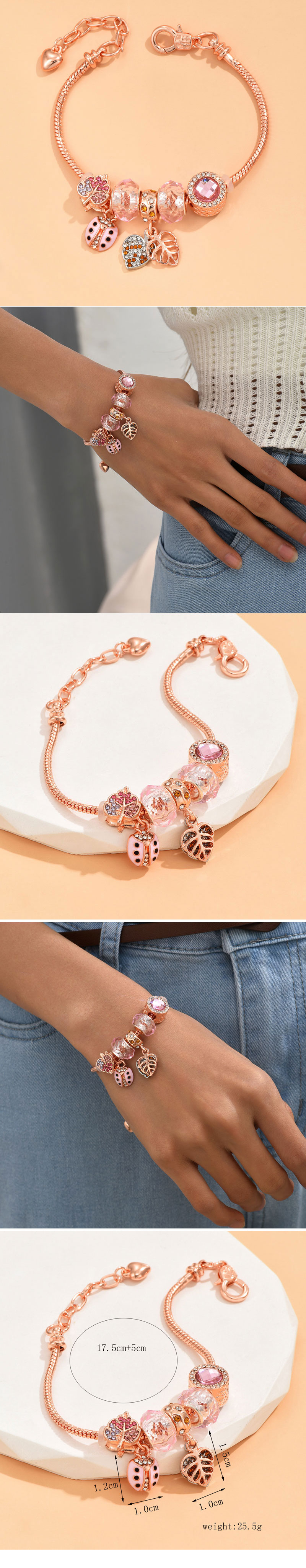 Wholesale Jewelry Sweet Classic Style Leaves Beetles Zinc Alloy Artificial Rhinestones Rose Gold Plated Plating Inlay Bracelets display picture 1