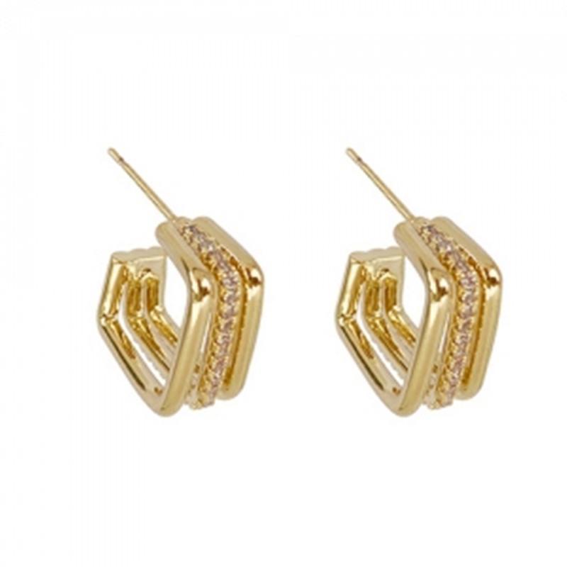 Elegant Square Copper Gold Plated Rhinestones Ear Studs 1 Pair display picture 4
