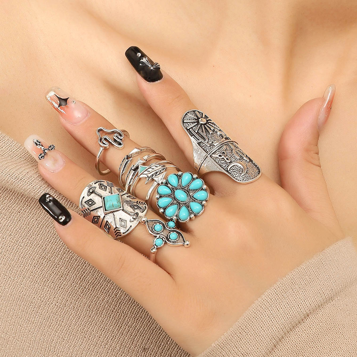 Ethnic Style Geometric Alloy Inlay Turquoise Women's Rings 9 Pieces display picture 2