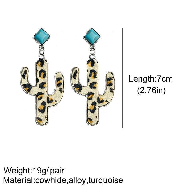 1 Pair Retro Cactus Leopard Pu Leather Alloy Inlay Turquoise Women's Drop Earrings display picture 6