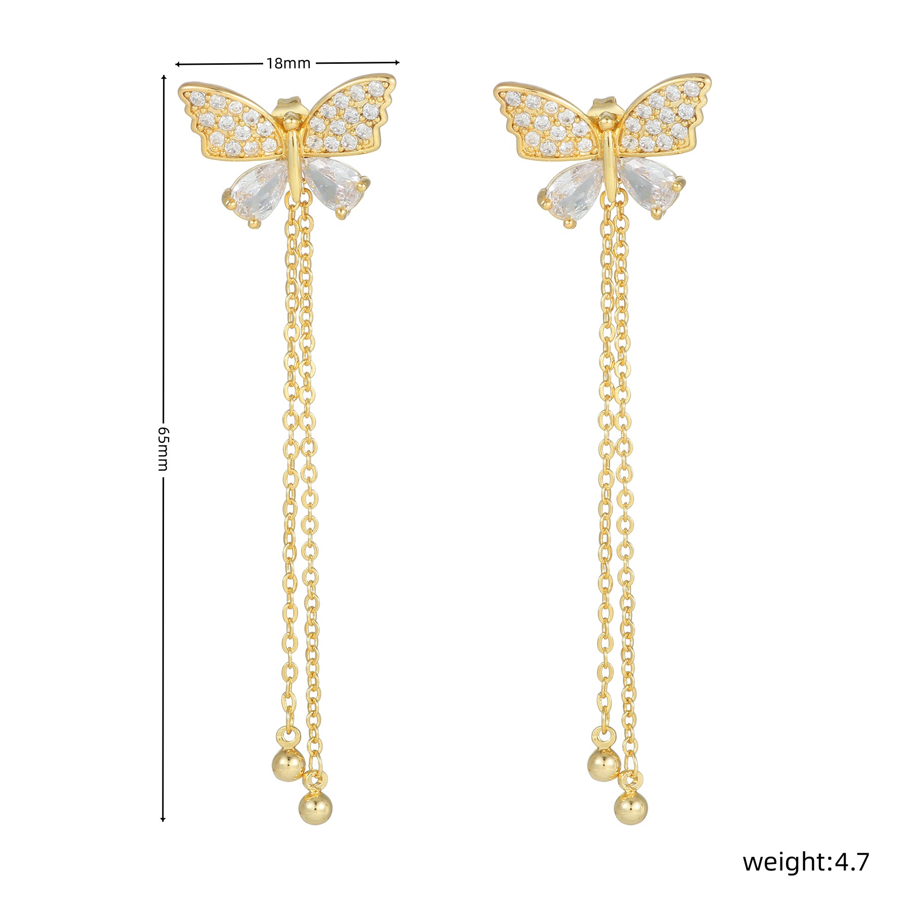 1 Pair Ig Style Tassel Butterfly Inlay Copper Zircon 18k Gold Plated Drop Earrings display picture 7