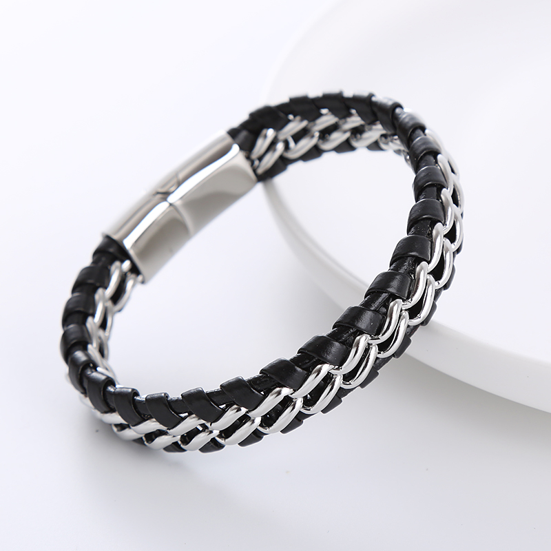 1 Piece Simple Style Geometric Stainless Steel Leather Patchwork Men's Bracelets display picture 2
