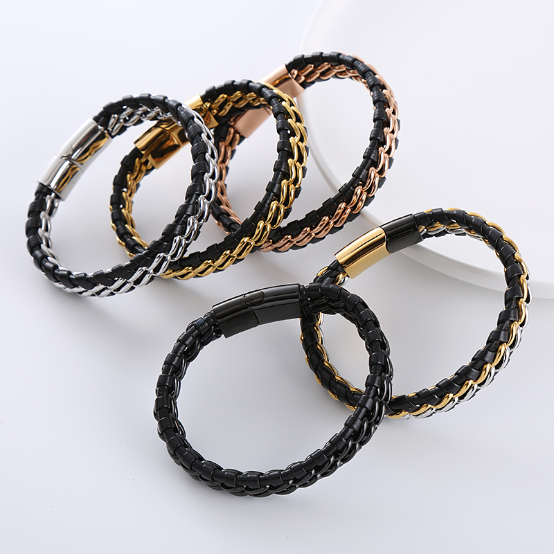 1 Piece Simple Style Geometric Stainless Steel Leather Patchwork Men's Bracelets display picture 6