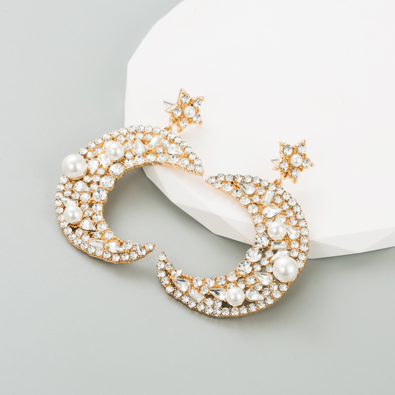 1 Pair Elegant Luxurious Queen Moon Inlay Alloy Rhinestones Pearl Drop Earrings display picture 5