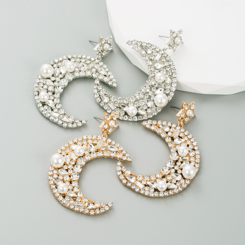 1 Pair Elegant Luxurious Queen Moon Inlay Alloy Rhinestones Pearl Drop Earrings display picture 2
