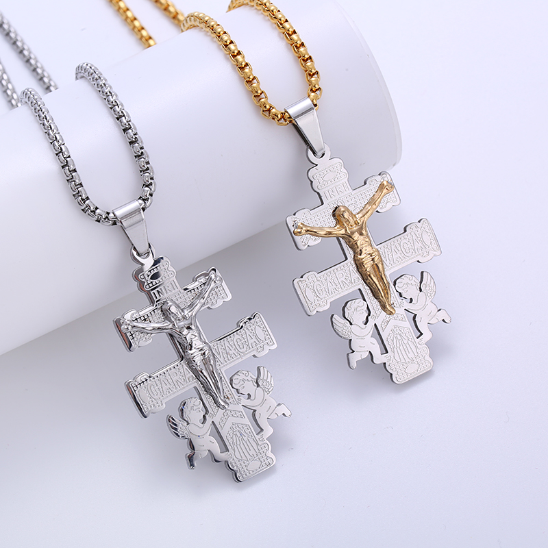 304 Stainless Steel 18K Gold Plated Hip-Hop Punk Cross Angel Angel Wings No Inlaid Pendant Necklace display picture 5