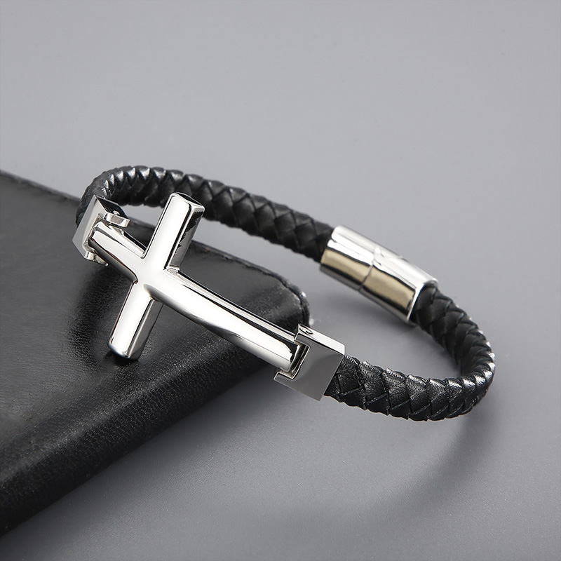 Hip-hop Cross Stainless Steel Leather Braid Men's Bangle display picture 12