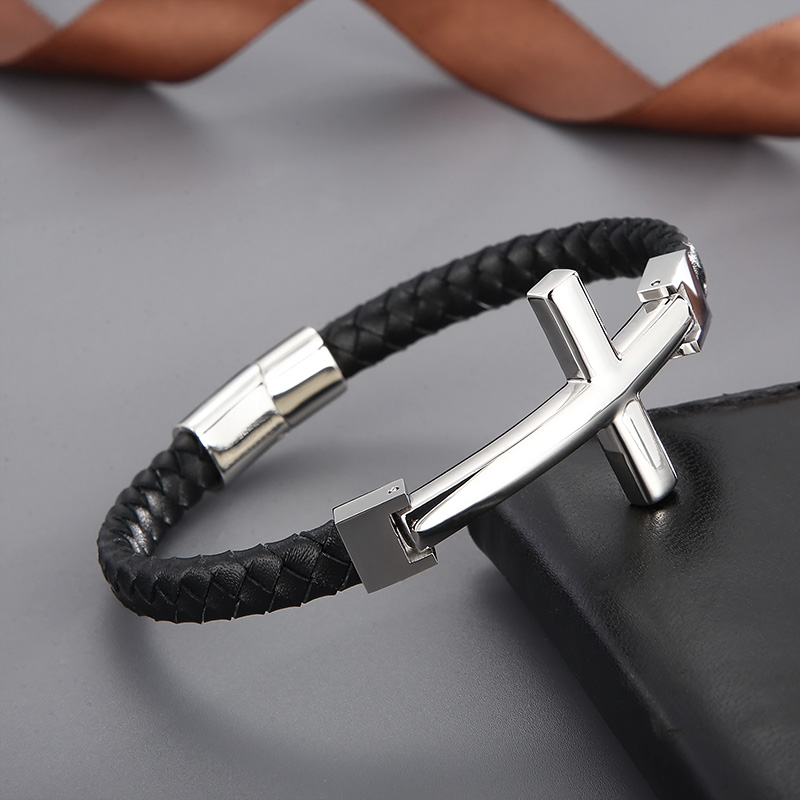 Hip-hop Cross Stainless Steel Leather Braid Men's Bangle display picture 5