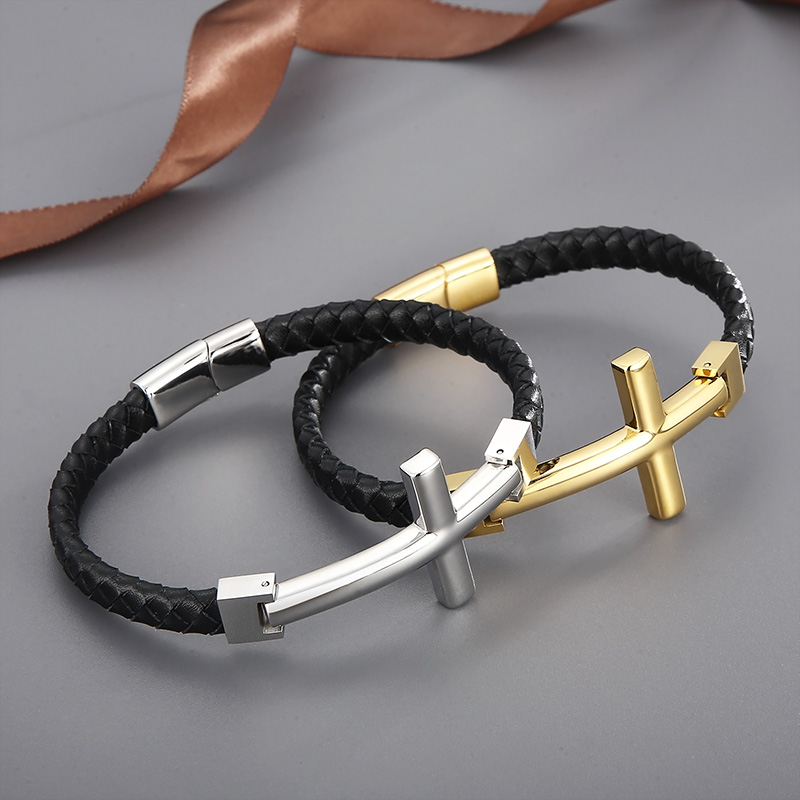 Hip-hop Cross Stainless Steel Leather Braid Men's Bangle display picture 6