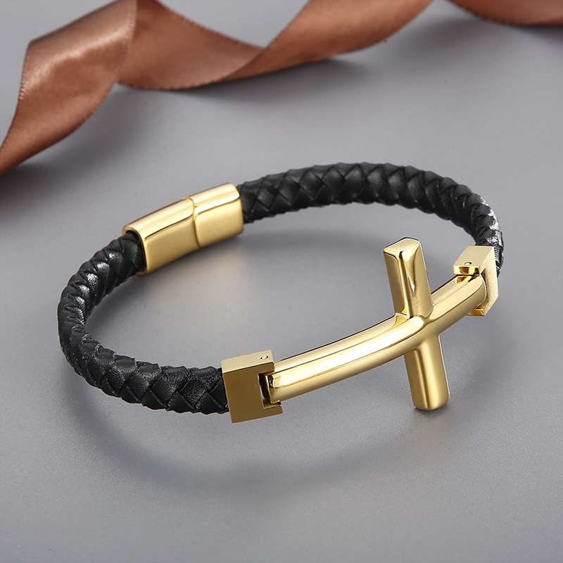 Hip-hop Cross Stainless Steel Leather Braid Men's Bangle display picture 2