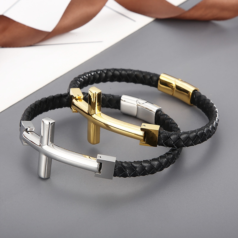 Hip-hop Cross Stainless Steel Leather Braid Men's Bangle display picture 9