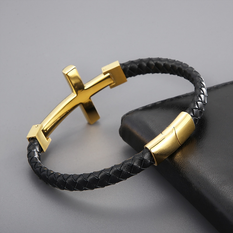Hip-hop Cross Stainless Steel Leather Braid Men's Bangle display picture 7