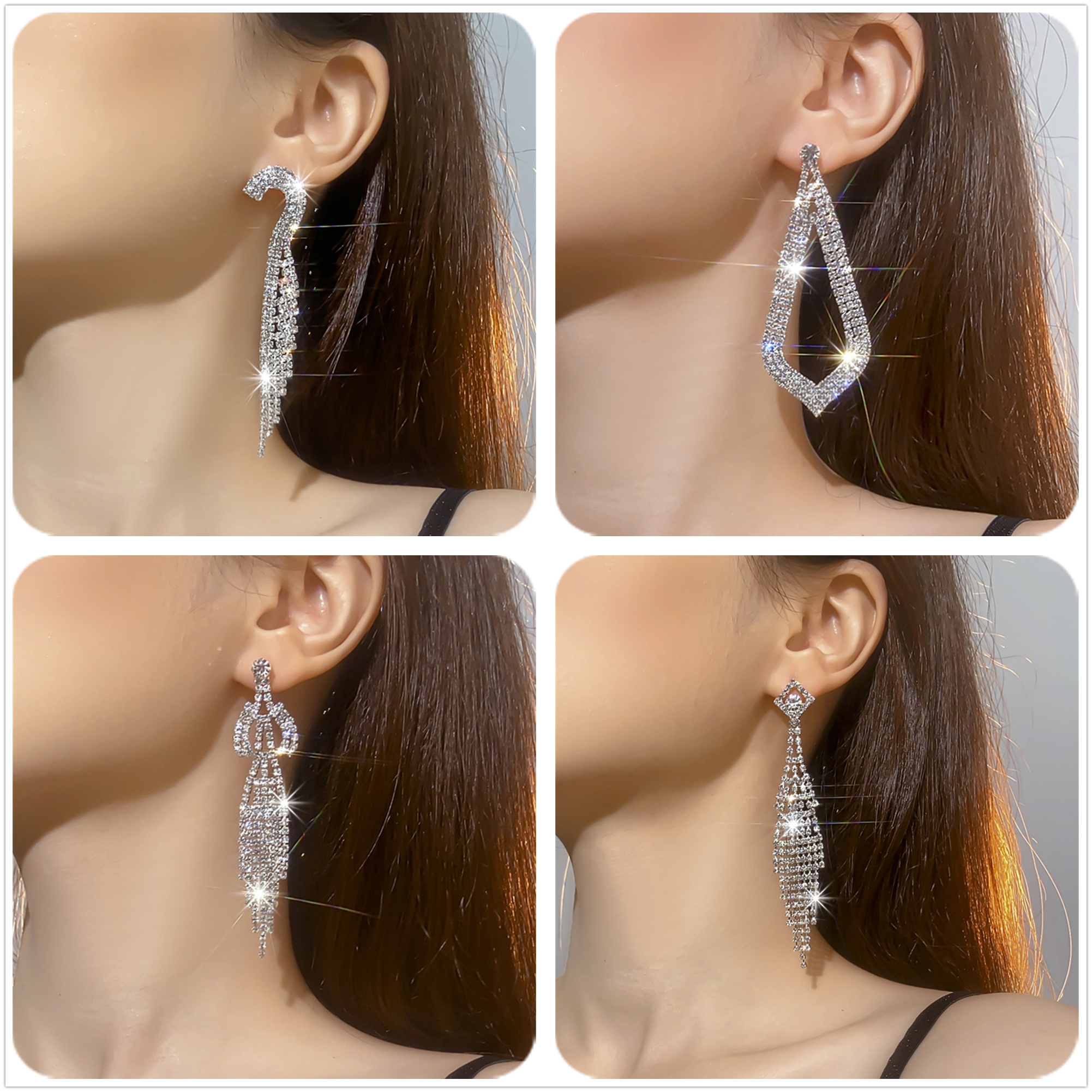 1 Pair Exaggerated Geometric Tassel Rhinestone Drop Earrings display picture 1