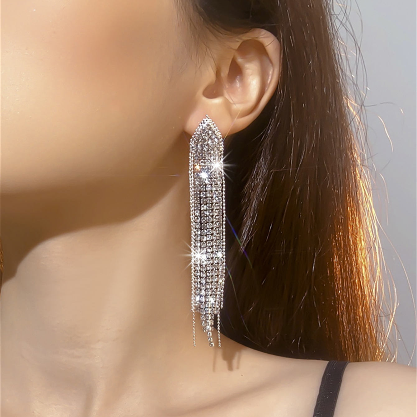 Glam Geometric Rhinestone Tassel Drop Earrings 1 Pair display picture 5