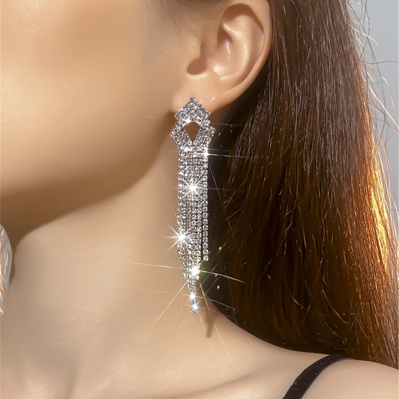 Glam Geometric Rhinestone Tassel Drop Earrings 1 Pair display picture 10
