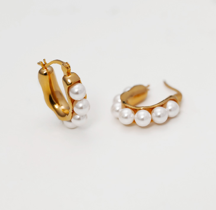 1 Paire Style Vintage Forme En U Placage Acier Au Titane Perles Artificielles Des Boucles D'Oreilles display picture 1