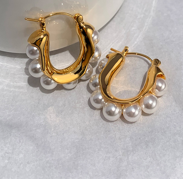 1 Paire Style Vintage Forme En U Placage Acier Au Titane Perles Artificielles Des Boucles D'Oreilles display picture 6