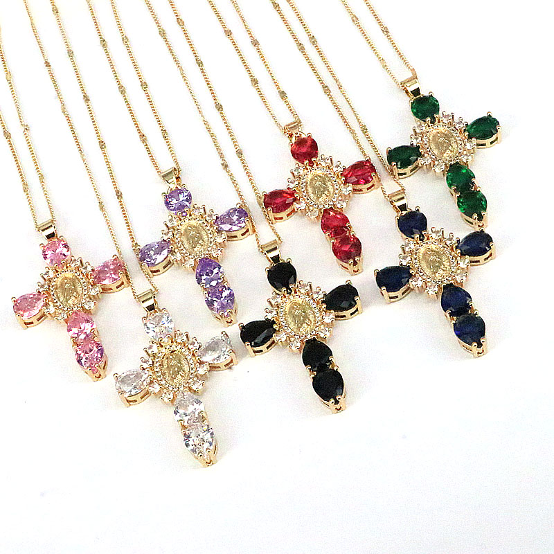 Ethnic Style Cross Copper Gold Plated Inlay Zircon Pendant Necklace 1 Piece display picture 2