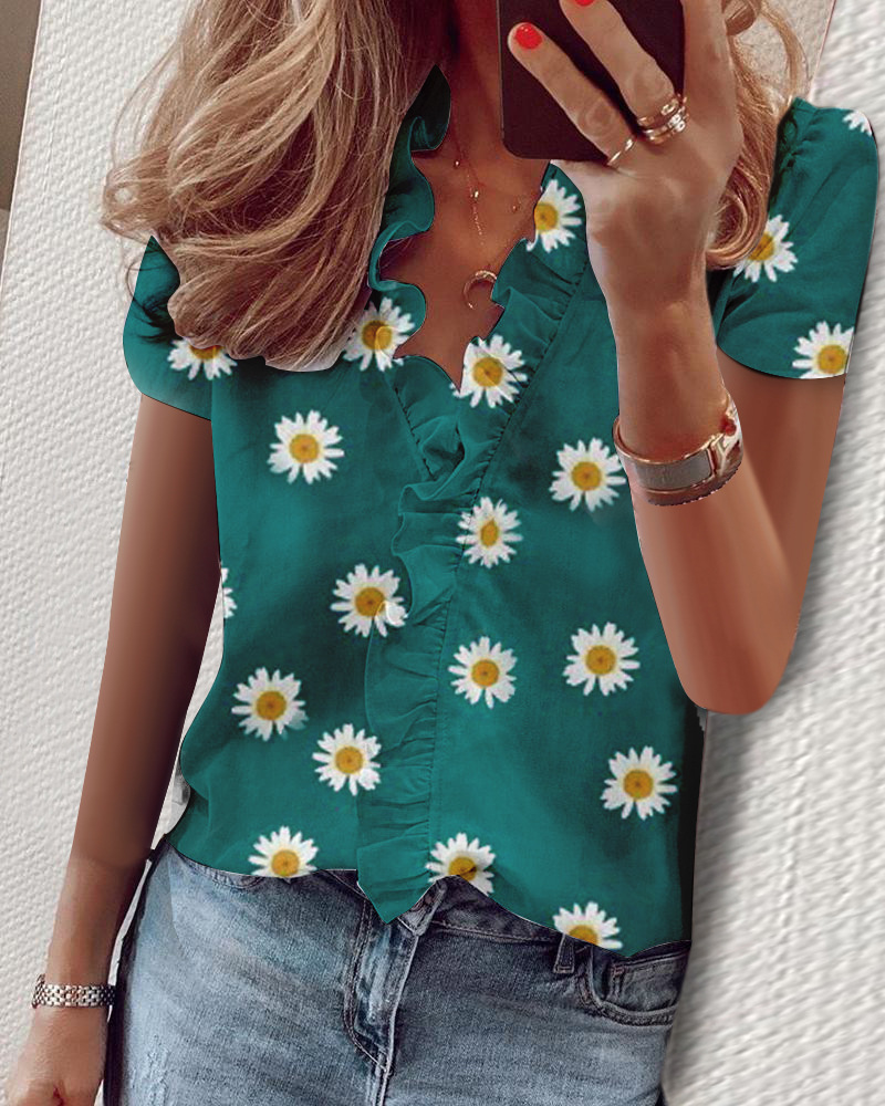 Women's Blouse Sleeveless Short Sleeve Long Sleeve Blouses Ruffles Hawaiian Solid Color Flower display picture 11