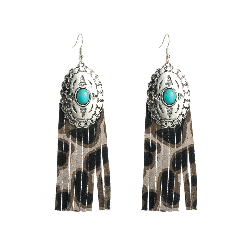 1 Pair Retro Ethnic Style Oval Tassel Plating Inlay Pu Leather Alloy Turquoise Silver Plated Drop Earrings display picture 6