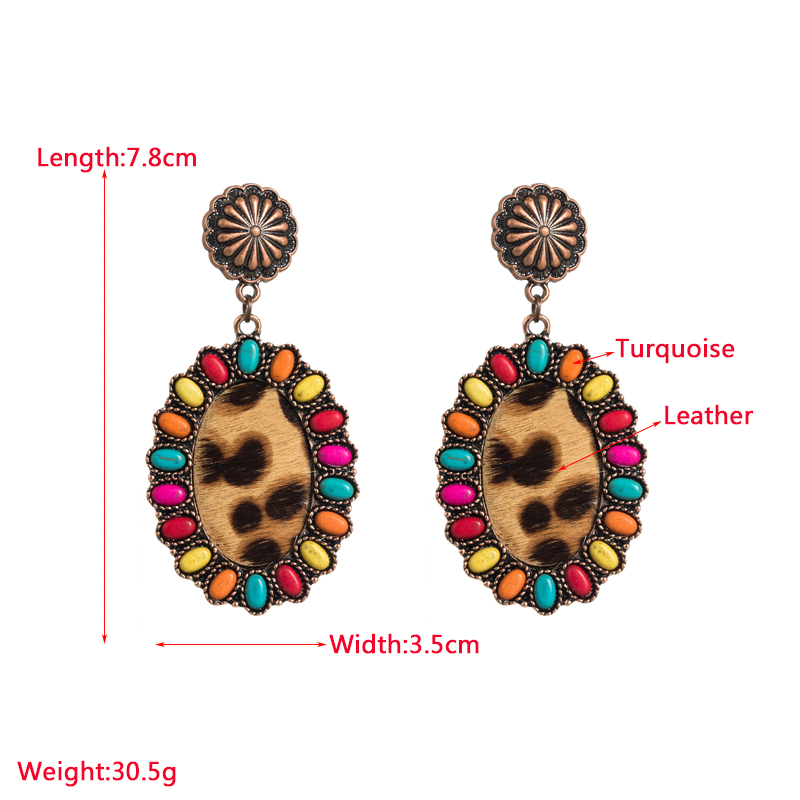 Vintage Style Oval Leopard Pu Leather Alloy Inlay Turquoise Women's Earrings 1 Pair display picture 1