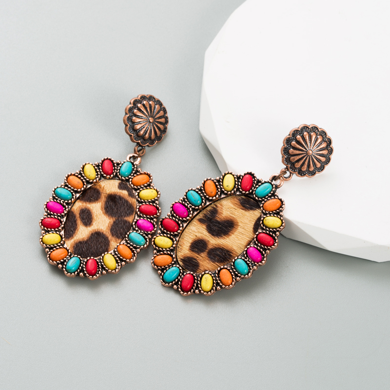 Estilo Vintage Oval Leopardo Cuero Sintético Aleación Embutido Turquesa Mujeres Aretes 1 Par display picture 4