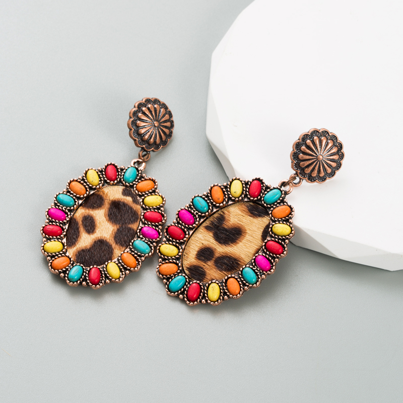 Vintage Style Oval Leopard Pu Leather Alloy Inlay Turquoise Women's Earrings 1 Pair display picture 4