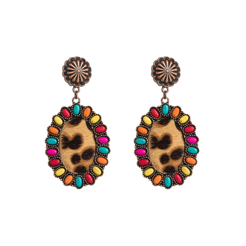 Estilo Vintage Oval Leopardo Cuero Sintético Aleación Embutido Turquesa Mujeres Aretes 1 Par display picture 6