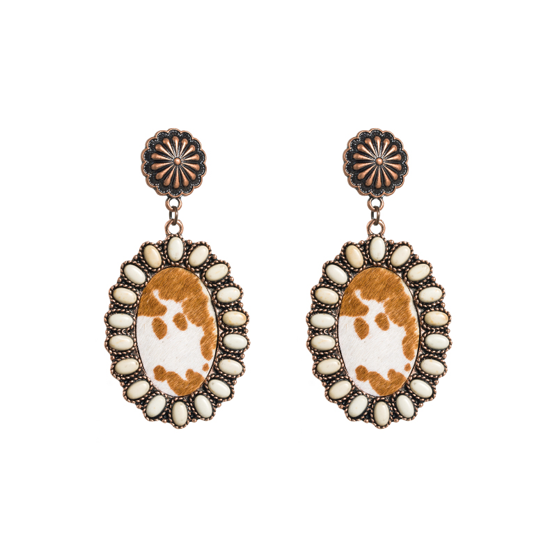 Vintage Style Oval Leopard Pu Leather Alloy Inlay Turquoise Women's Earrings 1 Pair display picture 5