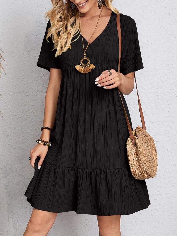 Women's Regular Dress Elegant V Neck Pleated Short Sleeve Solid Color Knee-length Daily display picture 10