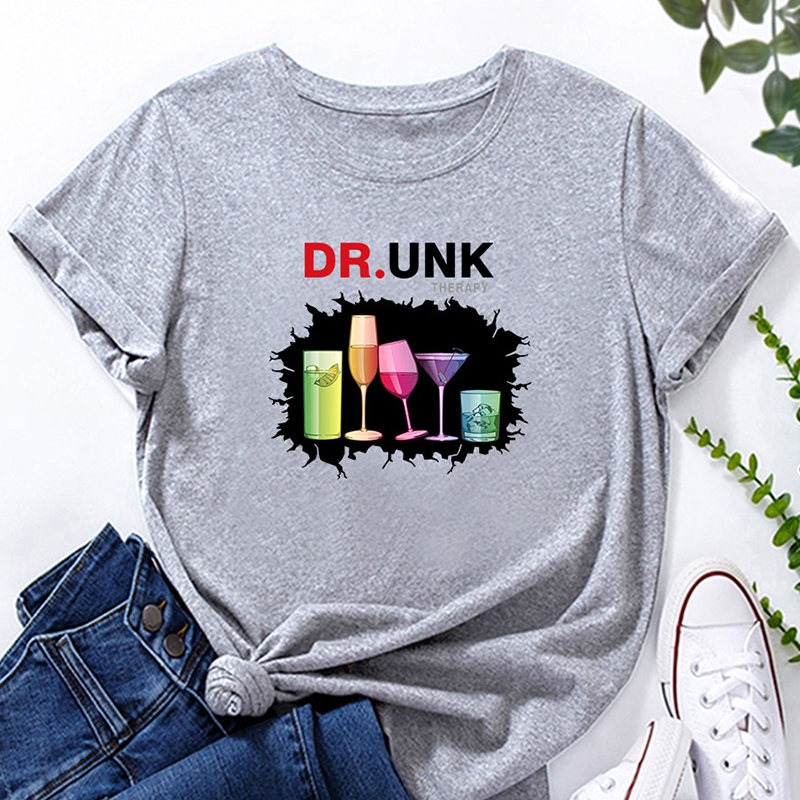 Fashion Wine Glass Print Solid Color Ladies Loose Casual T-shirt display picture 3