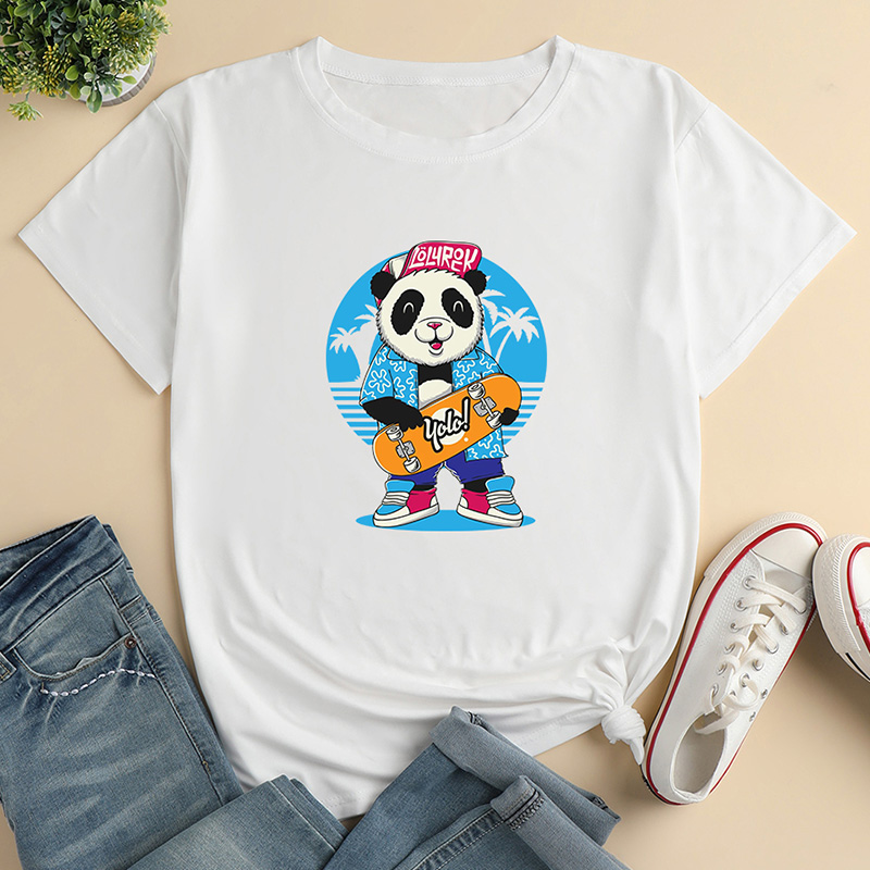 Panda Man Surf Print Ladies Loose Casual T-shirt display picture 1