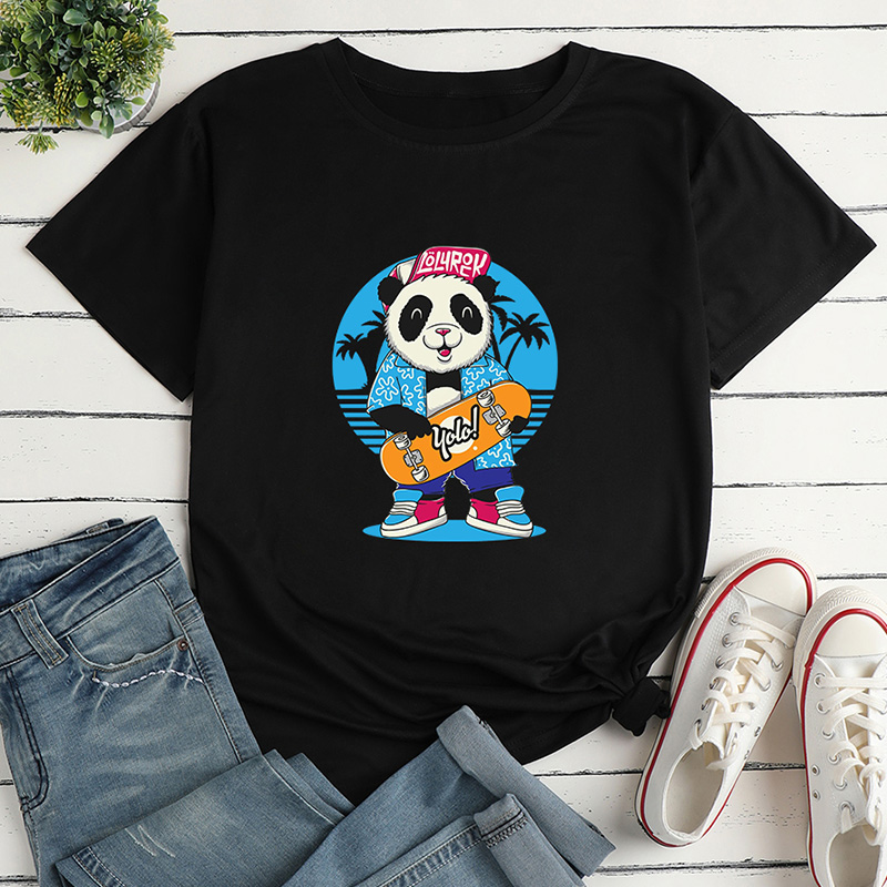 Panda Man Surf Print Ladies Loose Casual T-shirt display picture 2