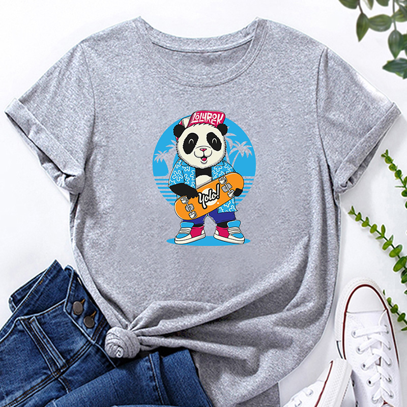 Panda Man Surf Print Ladies Loose Casual T-shirt display picture 3
