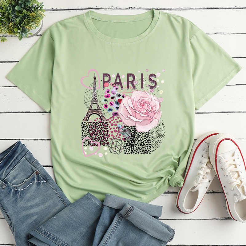 Eiffel Tower Flower Print Ladies Loose Casual T-shirt display picture 2