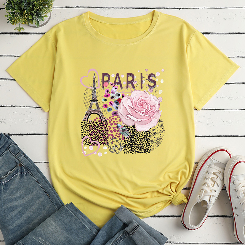 Eiffel Tower Flower Print Ladies Loose Casual T-shirt display picture 3