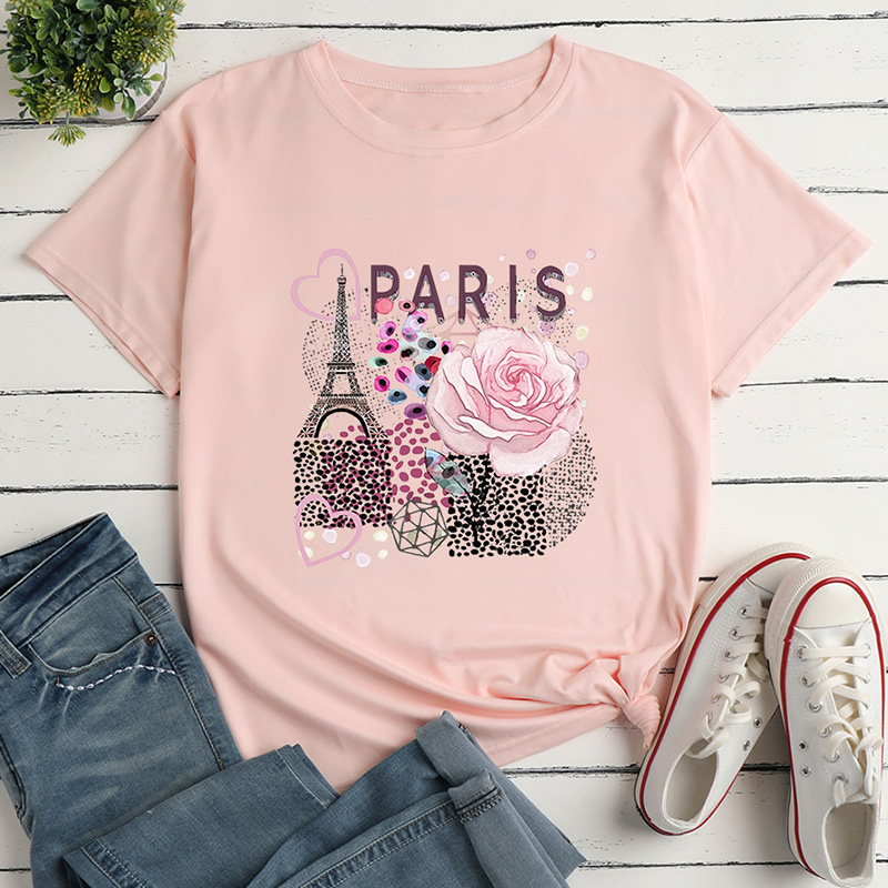 Eiffel Tower Flower Print Ladies Loose Casual T-shirt display picture 4