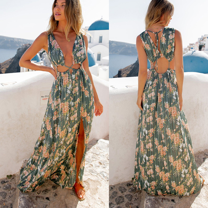 Summer New Bohemian Floral Hollow Backless Beach Dress display picture 1