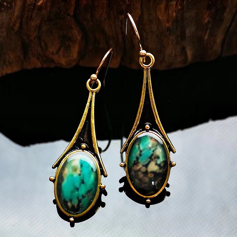 Retro Gold Marble Drop-shaped Flower Colored Turquoise Earrings display picture 2